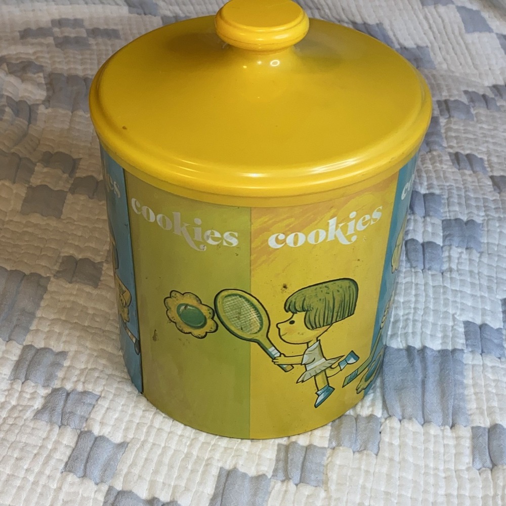Cheinco Vintage Metal Cookie Canister Sports themed good‎ condition some patina